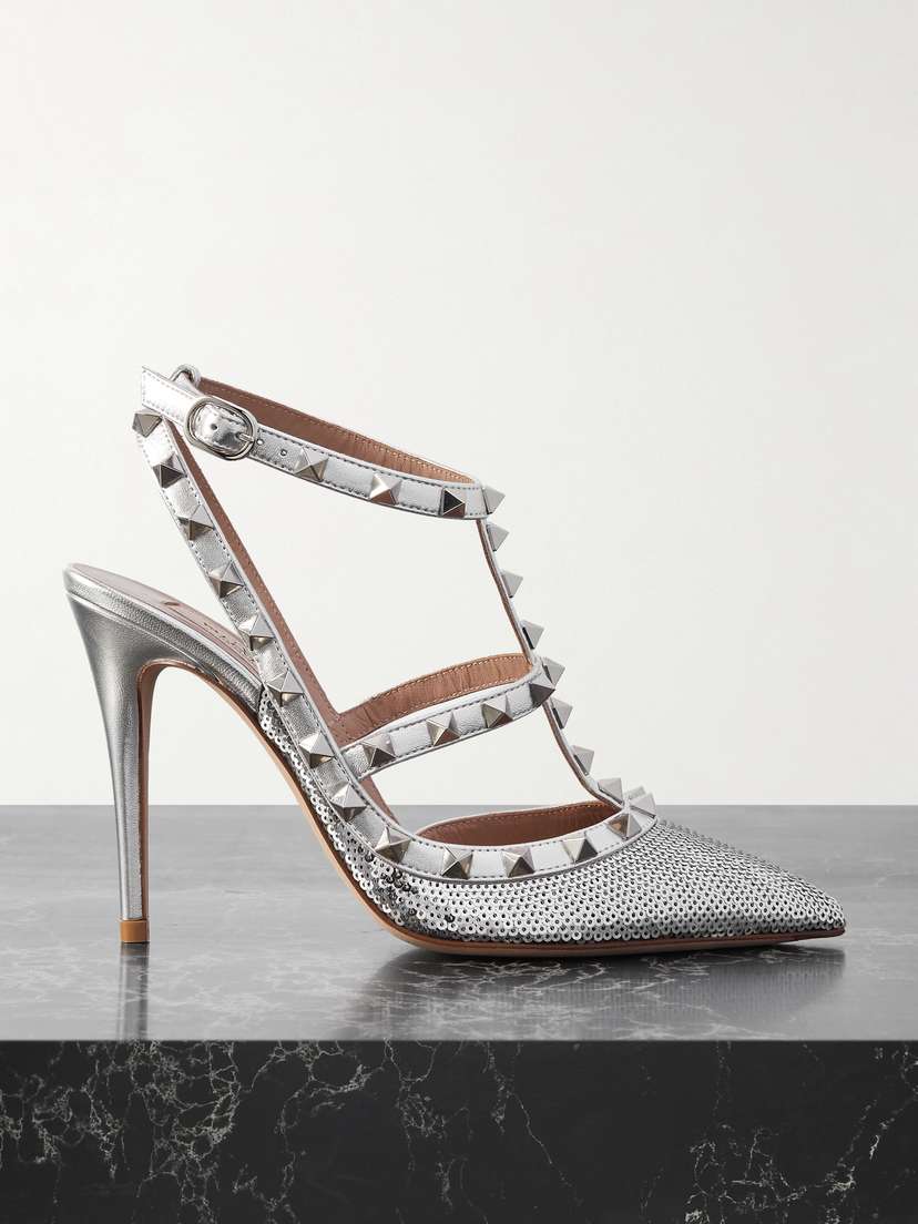 Valentino Garavani Rockstud 100 Sequined Metallic Leather Point-toe Pumps