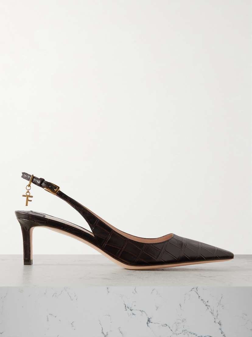 Tom Ford Angelina Logo-embellished Croc-effect Leather Slingback Pumps