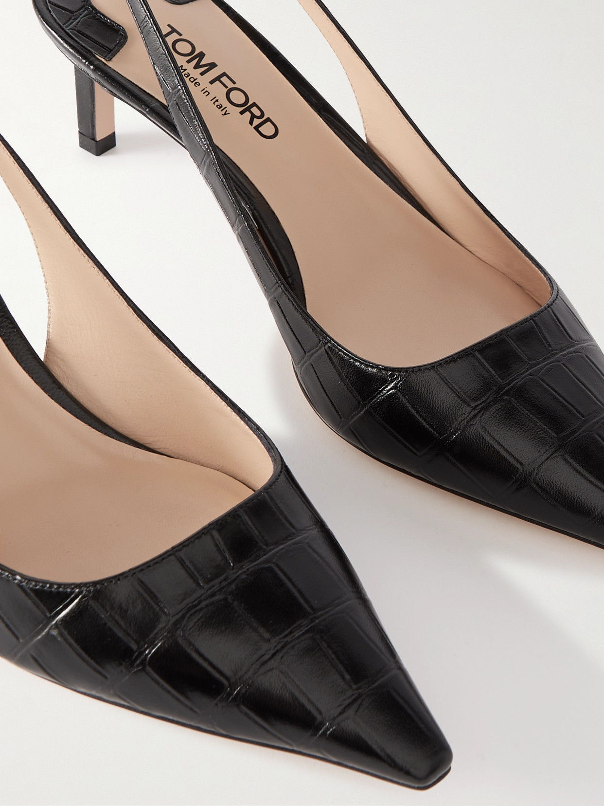 Tom Ford Angelina Logo-embellished Croc-effect Leather Slingback Pumps In Black