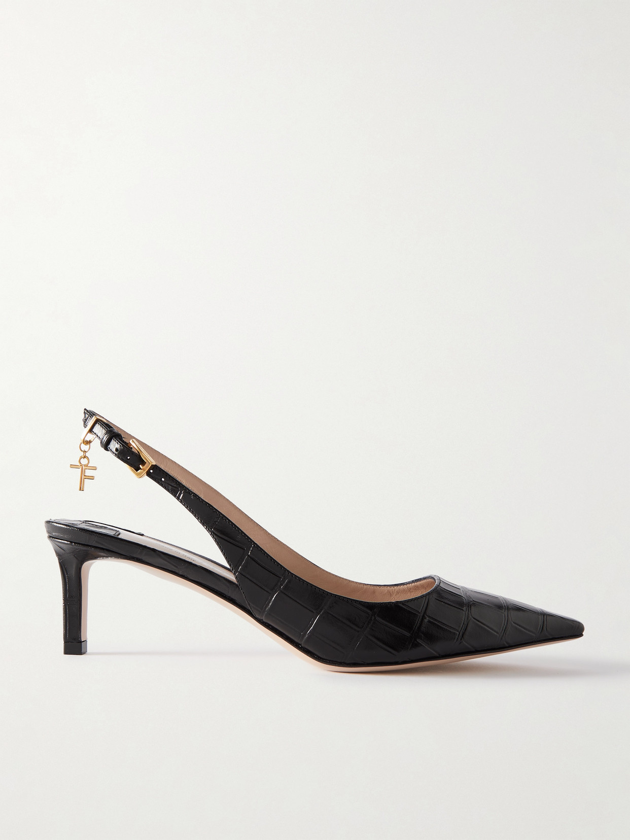 Tom Ford Angelina Logo-embellished Croc-effect Leather Slingback Pumps In Black