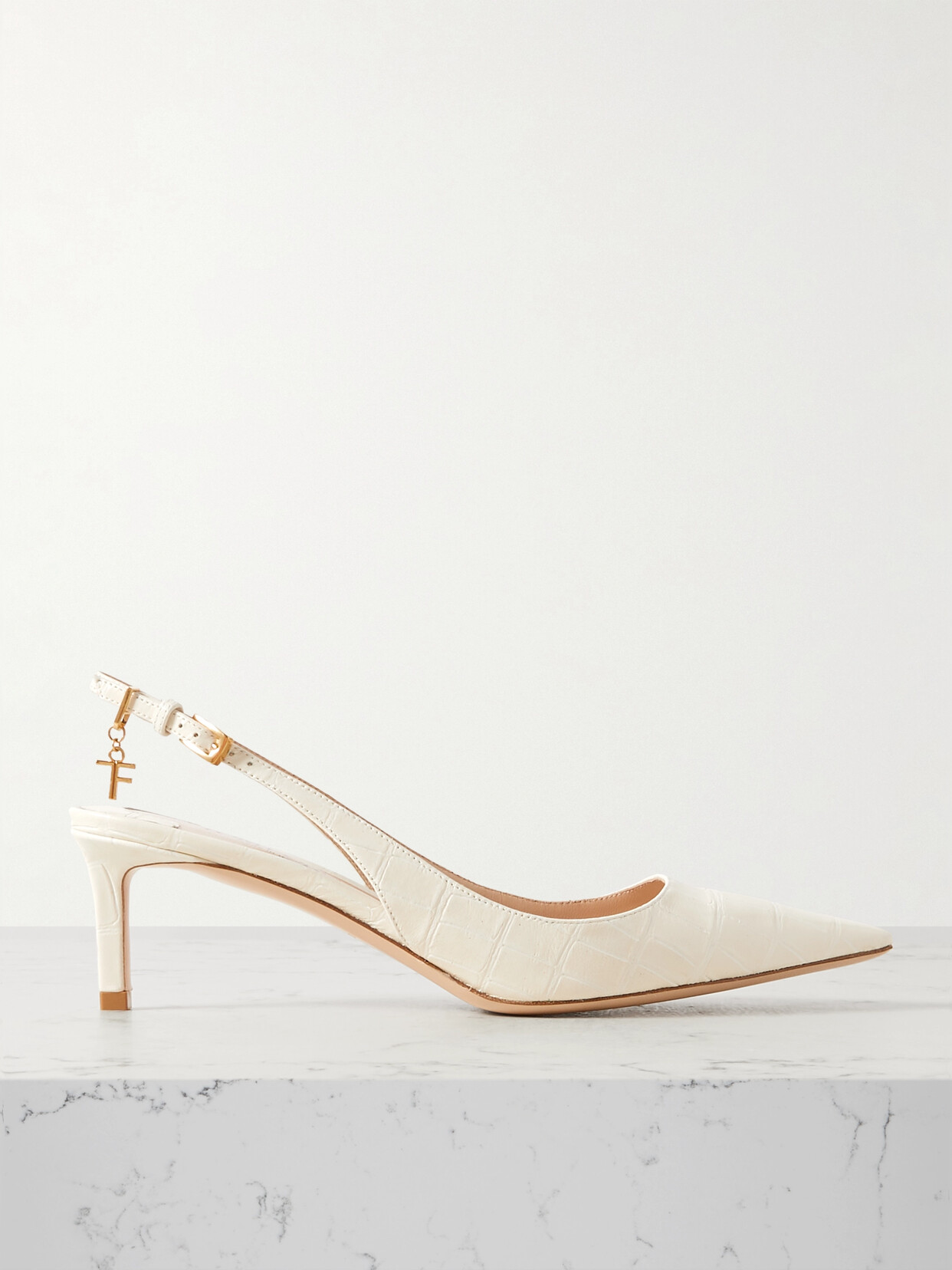 Tom Ford Angelina Logo-embellished Croc-effect Leather Slingback Pumps In Cream