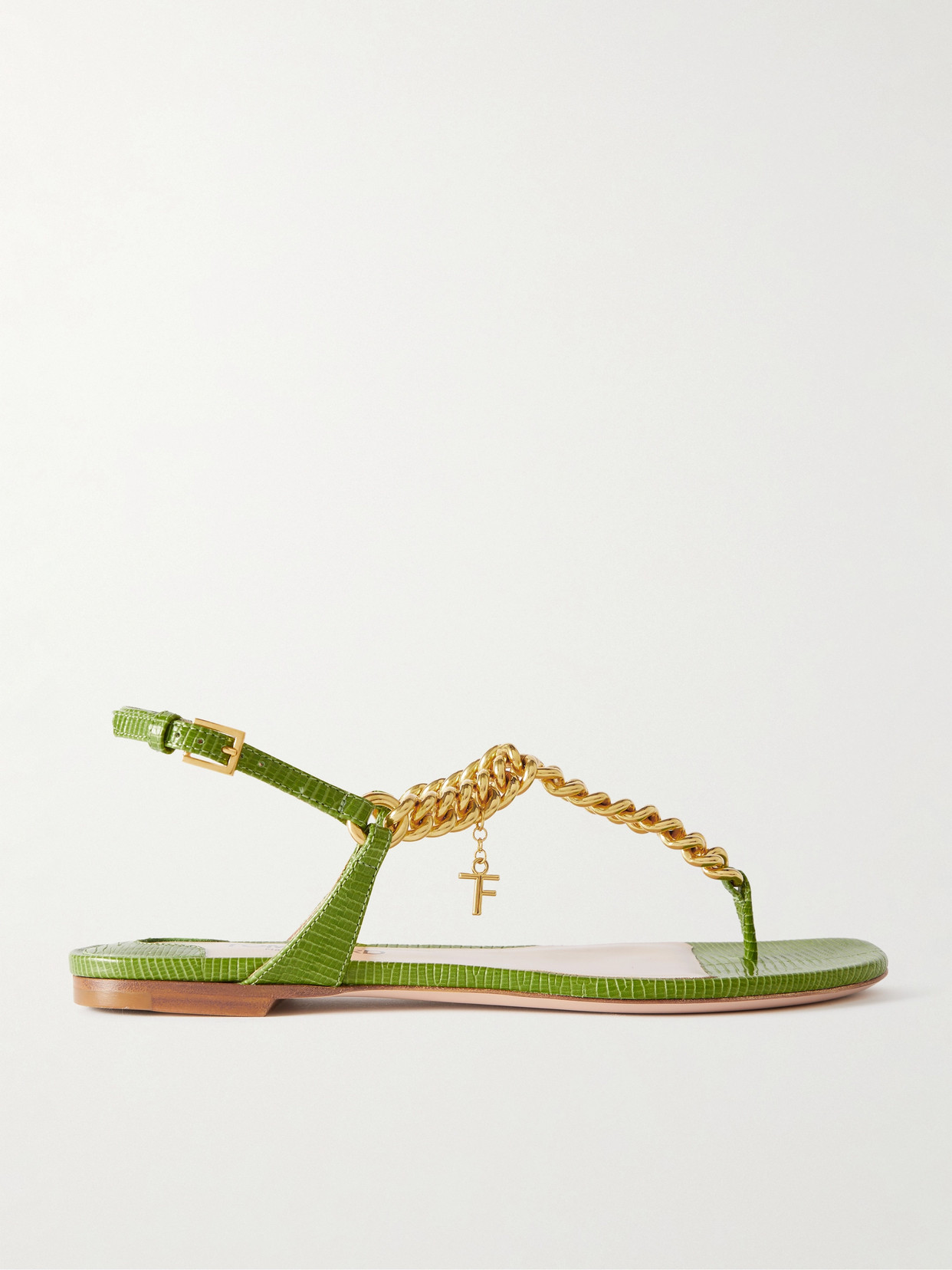 TOM FORD - Zenith Chain-embellished Lizard-effect Leather Slingback Sandals - Green