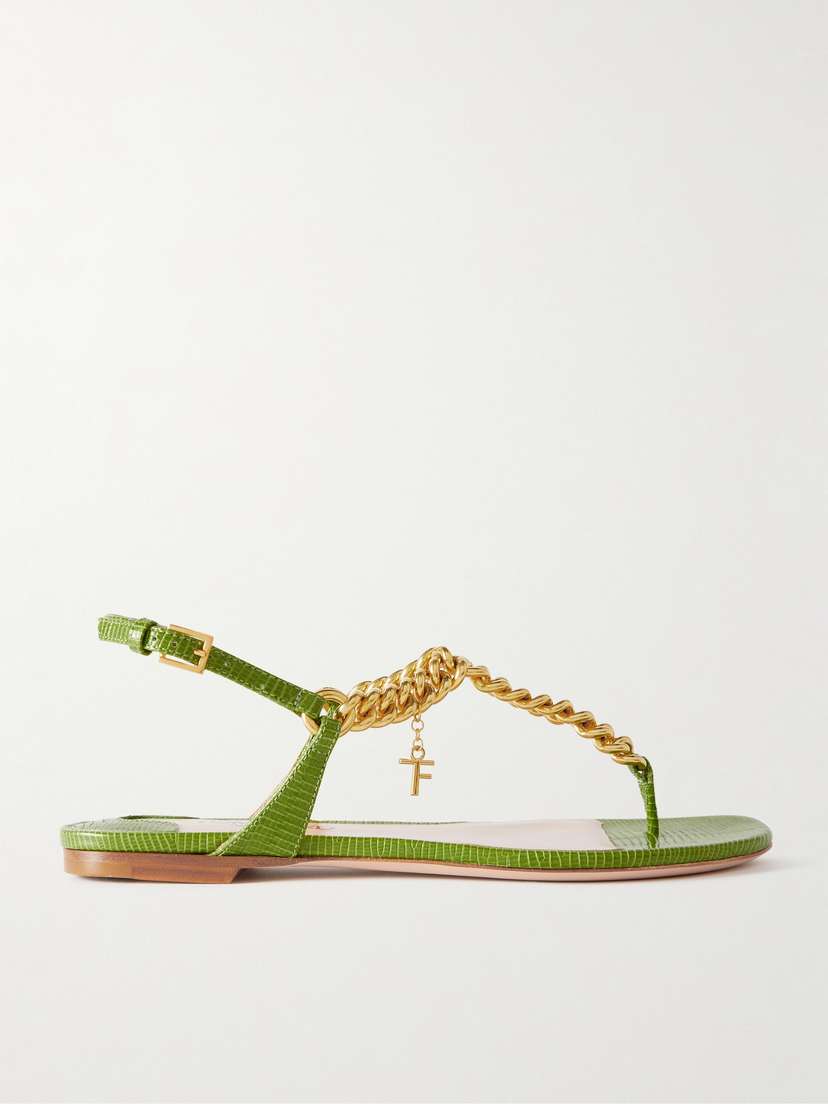 Tom Ford Zenith Chain-embellished Lizard-effect Leather Slingback Sandals