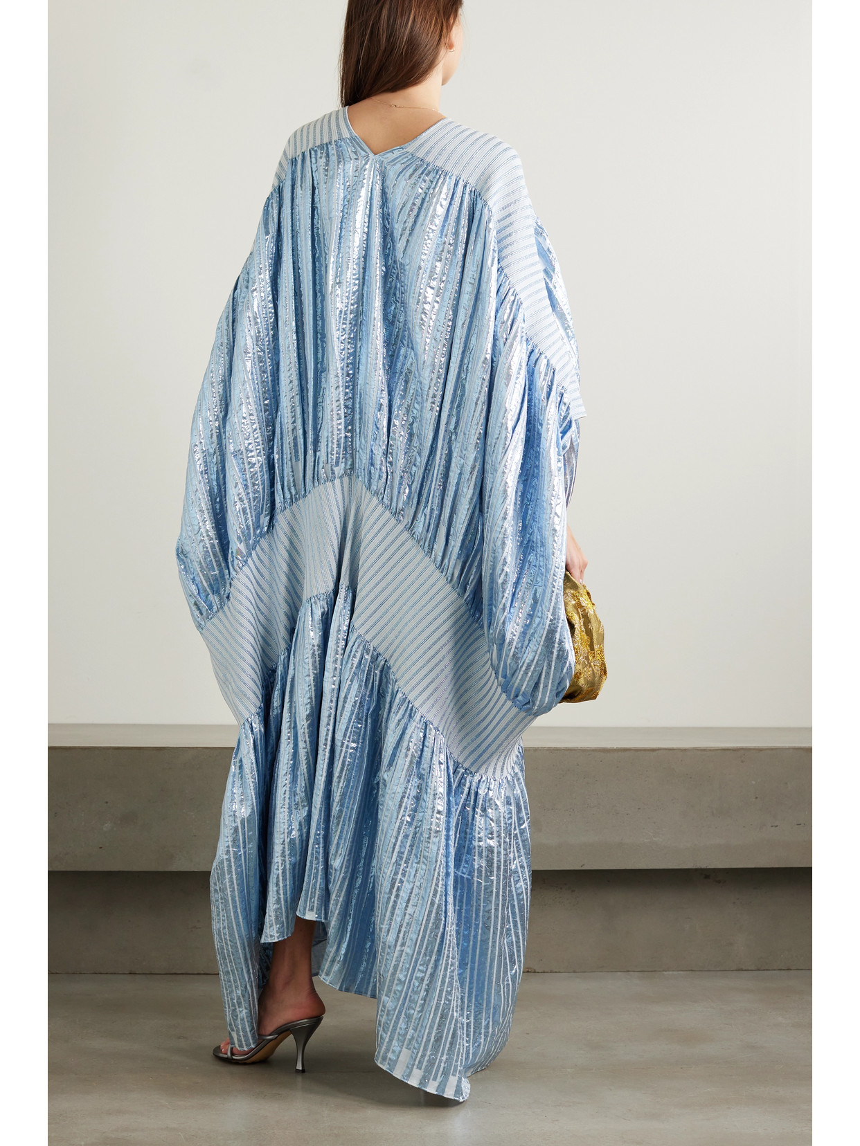 Shop Dima Ayad Striped Metallic Voile And Stretch-knit Kaftan In Blue