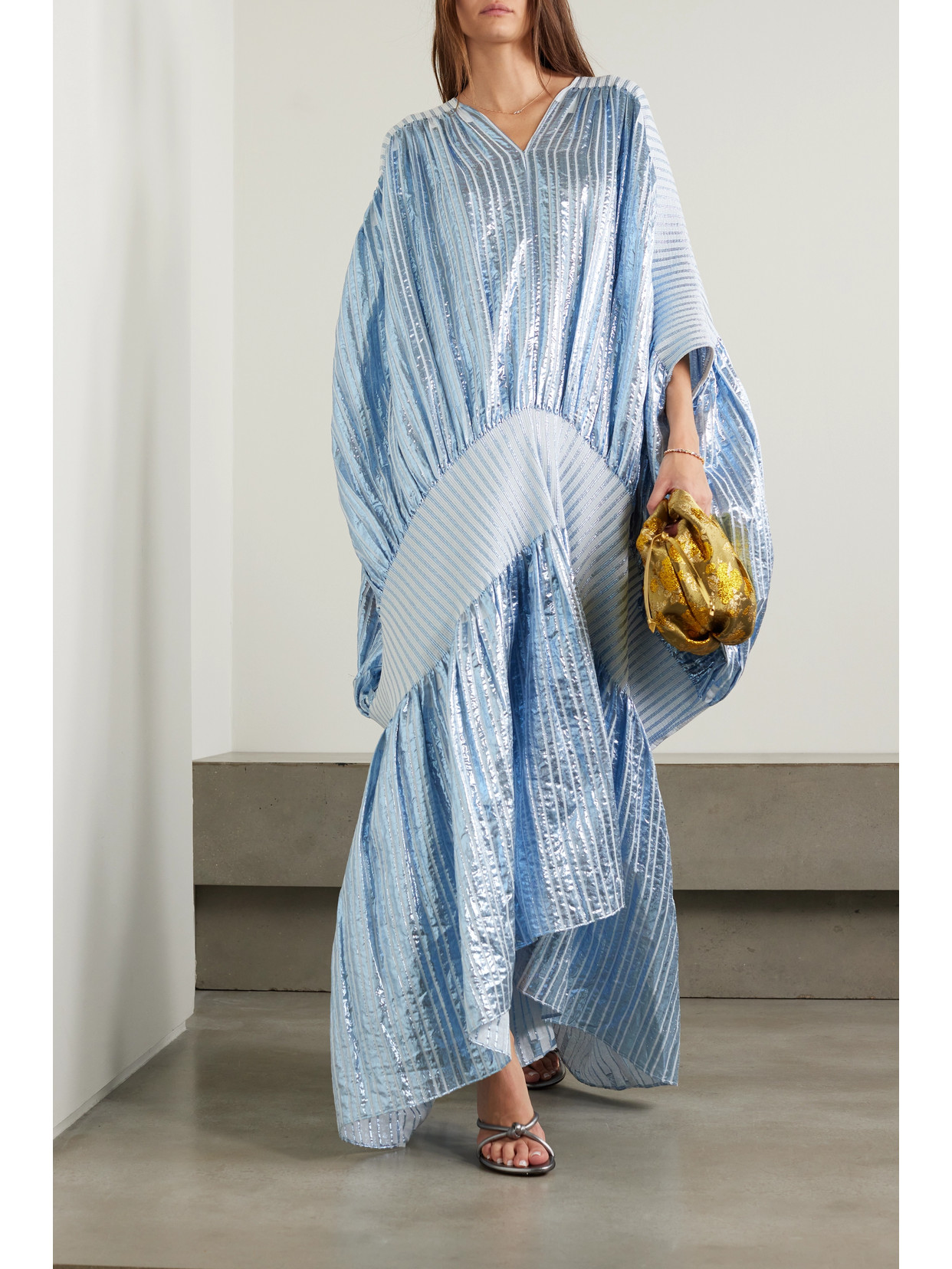 Shop Dima Ayad Striped Metallic Voile And Stretch-knit Kaftan In Blue