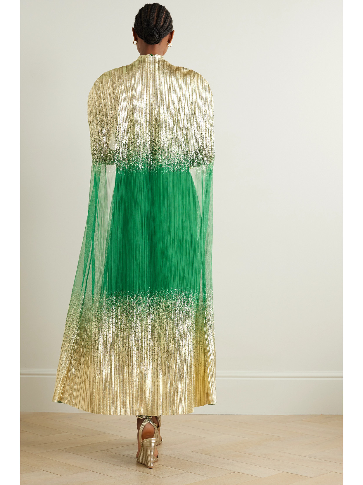 Shop Dima Ayad Metallic Plissé-tulle Gown And Cape Set In Green