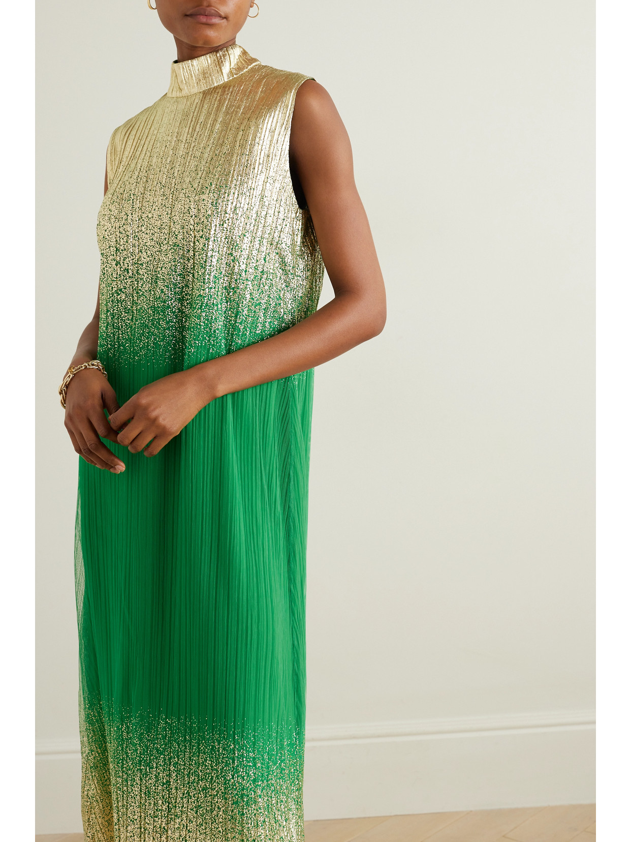 Dima Ayad Metallic Plissé-tulle Gown And Cape Set In Green