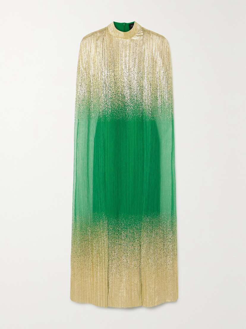 Dima Ayad Metallic Plissé-tulle Gown And Cape Set