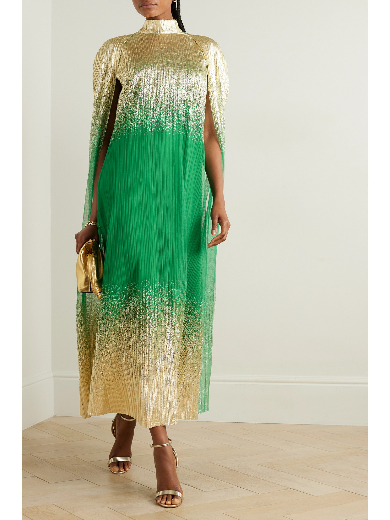 Shop Dima Ayad Metallic Plissé-tulle Gown And Cape Set In Green