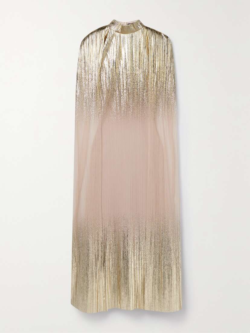 Dima Ayad Metallic Plissé-tulle Gown And Cape Set