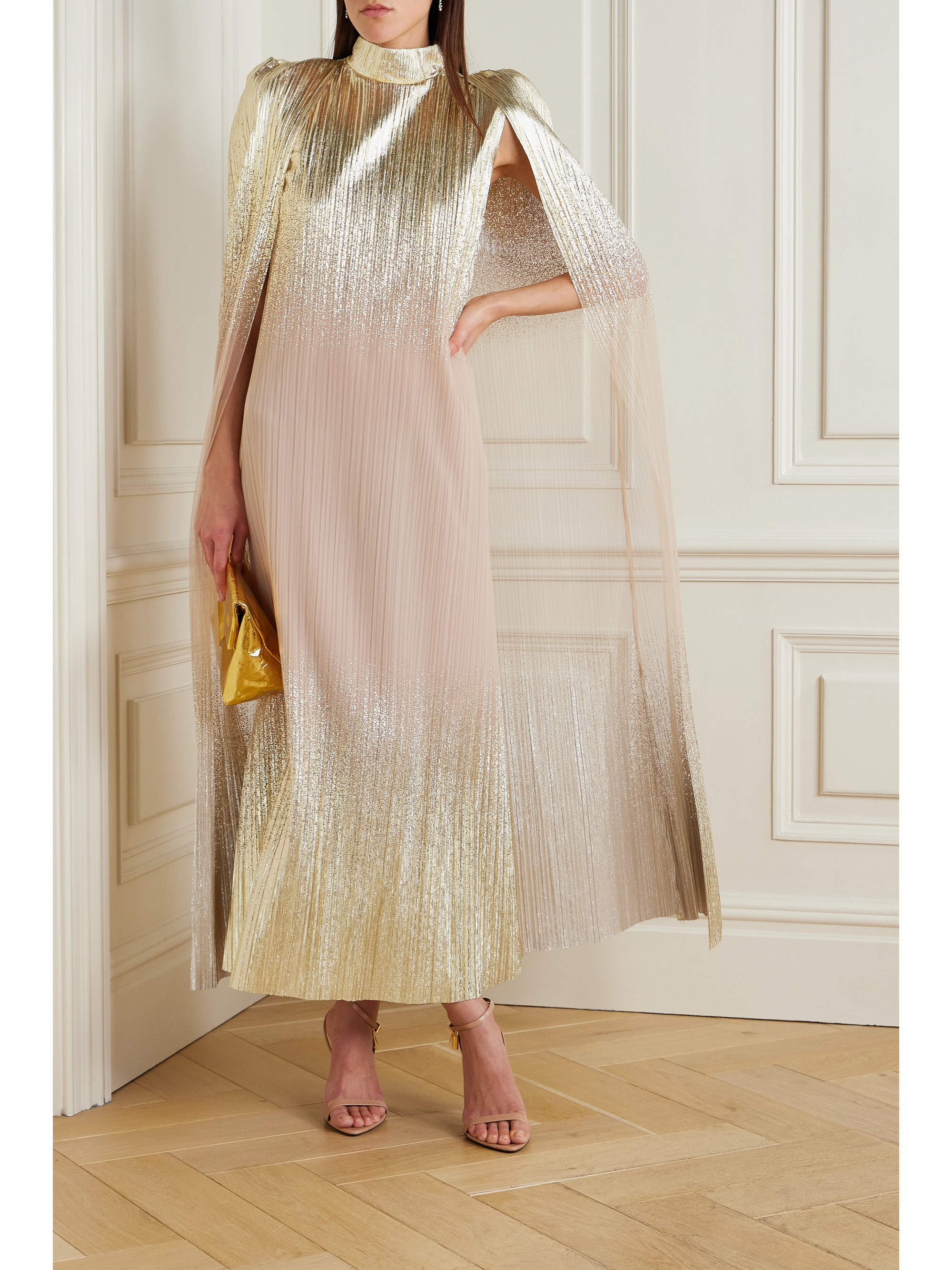 Dima Ayad Metallic plissé-tulle gown and cape set
