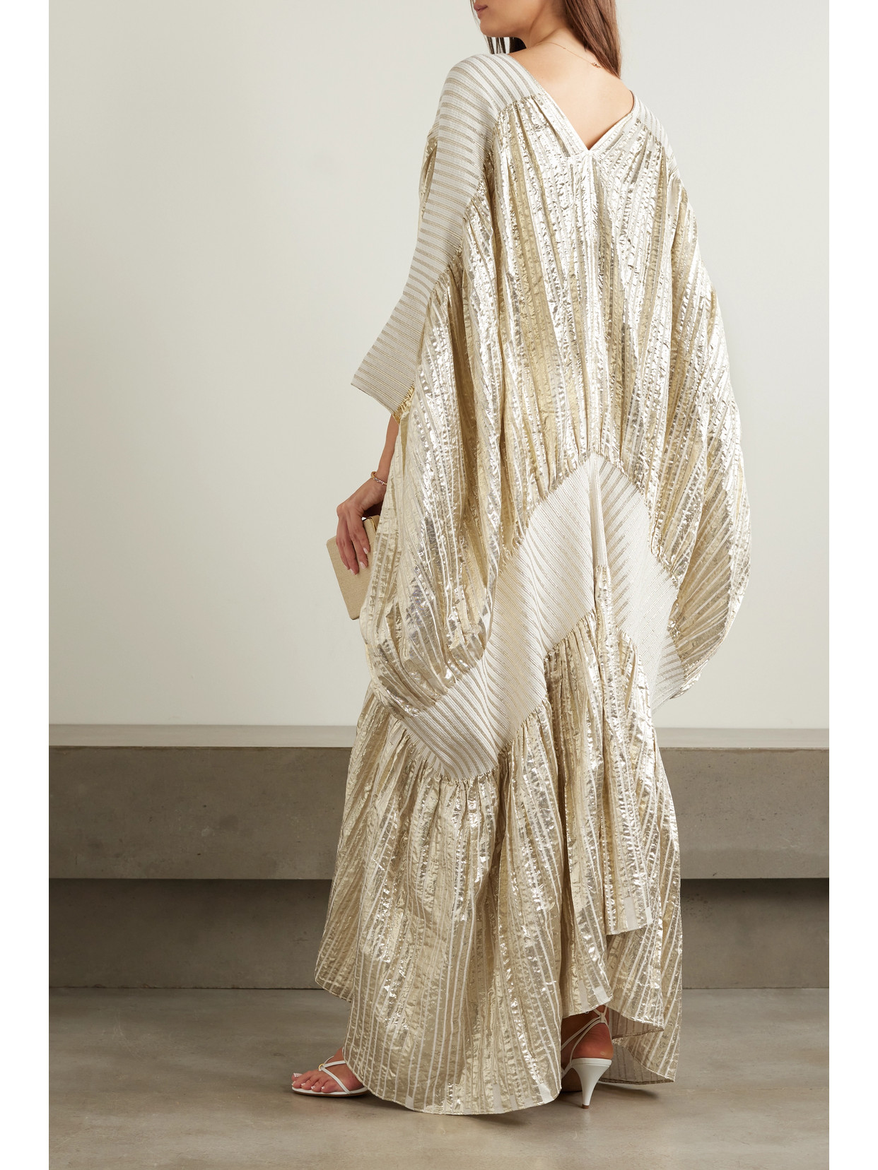 Shop Dima Ayad Striped Metallic Voile And Stretch-knit Kaftan In Gold