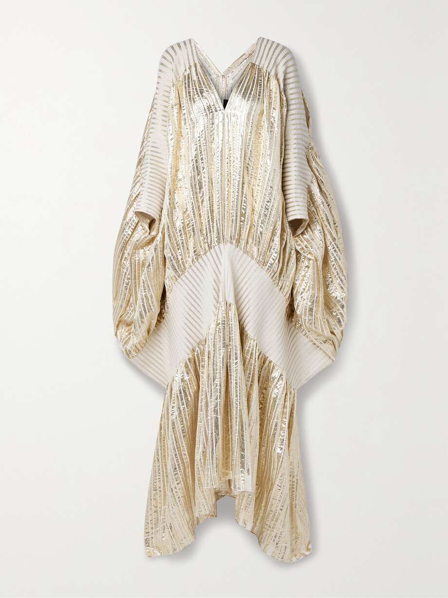 striped metallic voile and stretch-knit kaftan