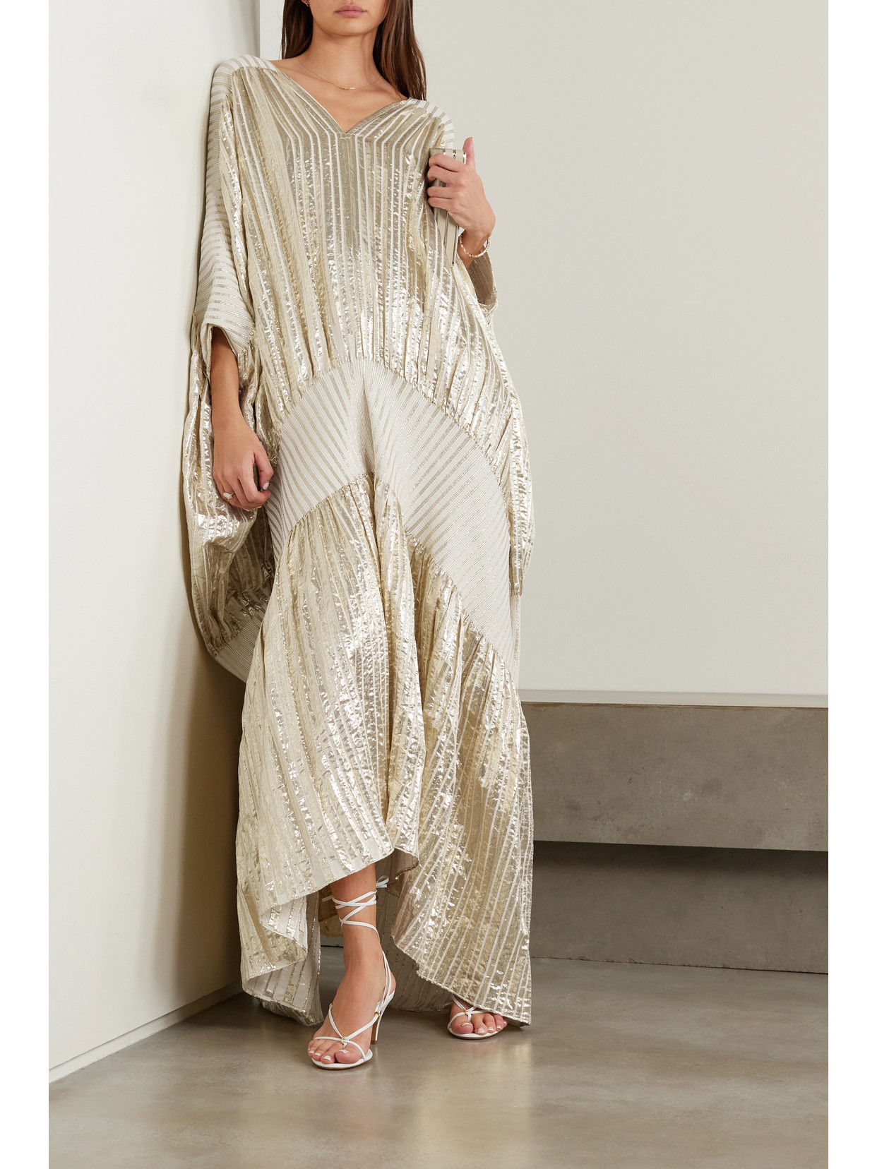 Dima Ayad Striped Metallic Voile And Stretch-knit Kaftan In Gold