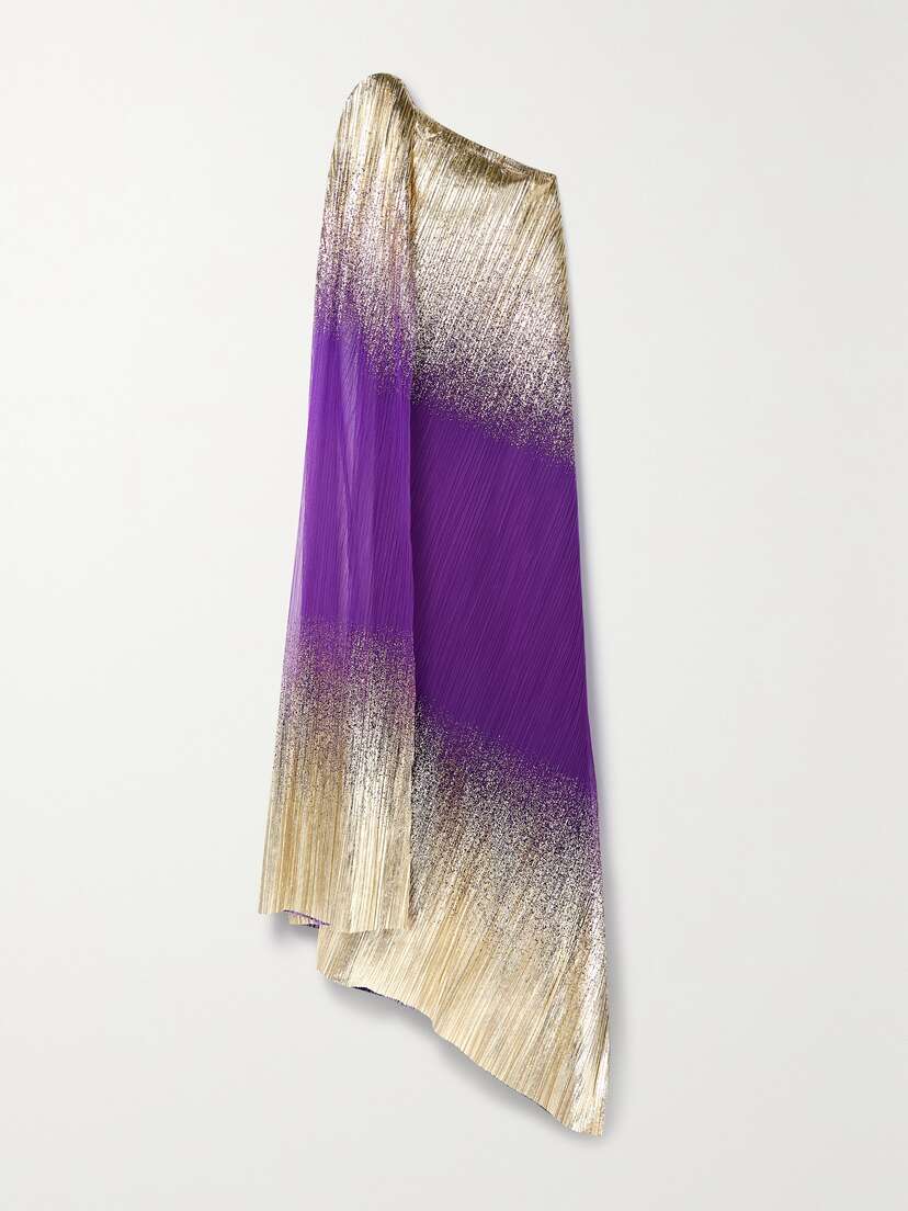 Dima Ayad One-shoulder Ombré Metallic Plissé-tulle Gown
