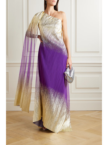 Dima Ayad One-shoulder ombré metallic plissé-tulle gown