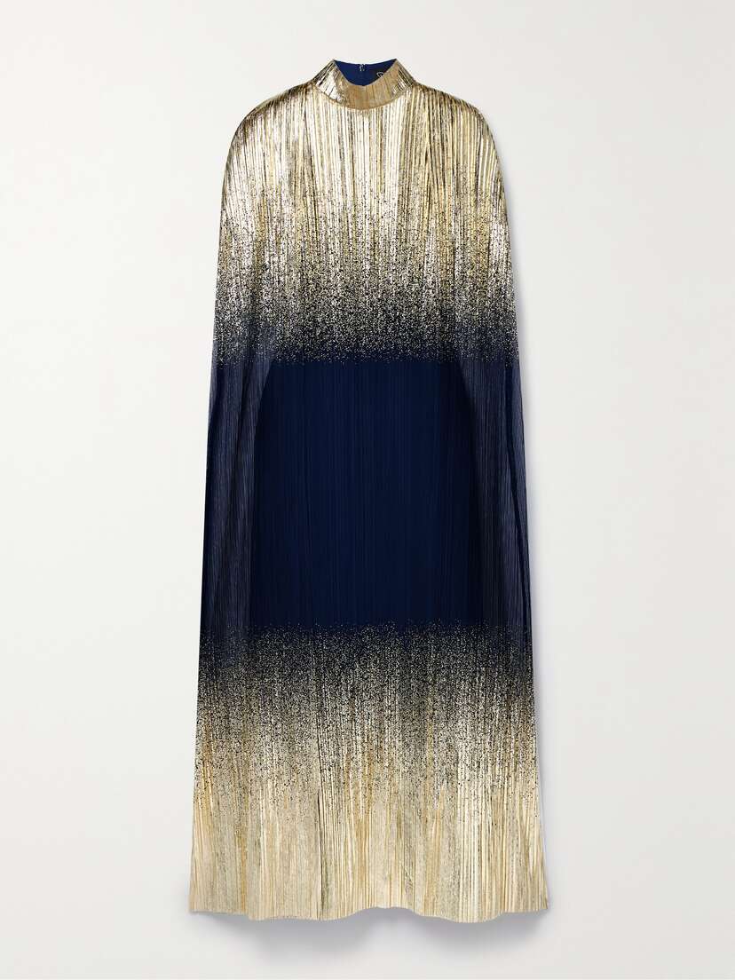 Dima Ayad Metallic Plissé-tulle Gown And Cape Set