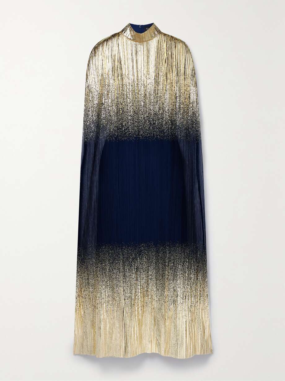 metallic plissé-tulle gown and cape set