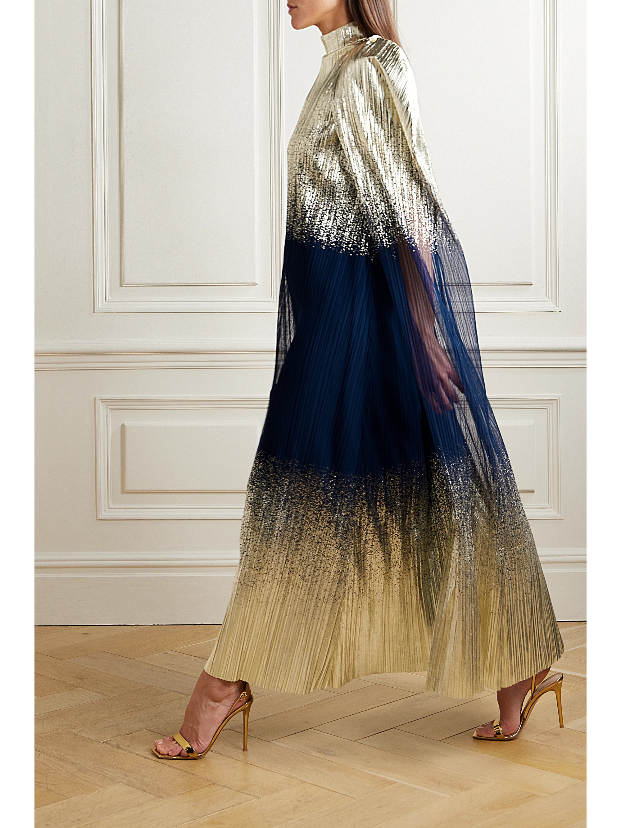 Dima Ayad Metallic plissé-tulle gown and cape set