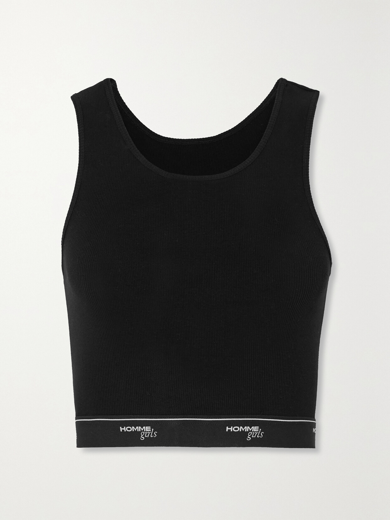 Shop Hommegirls Cropped Jacquard-trimmed Ribbed Stretch-cotton Jersey Tank In Black