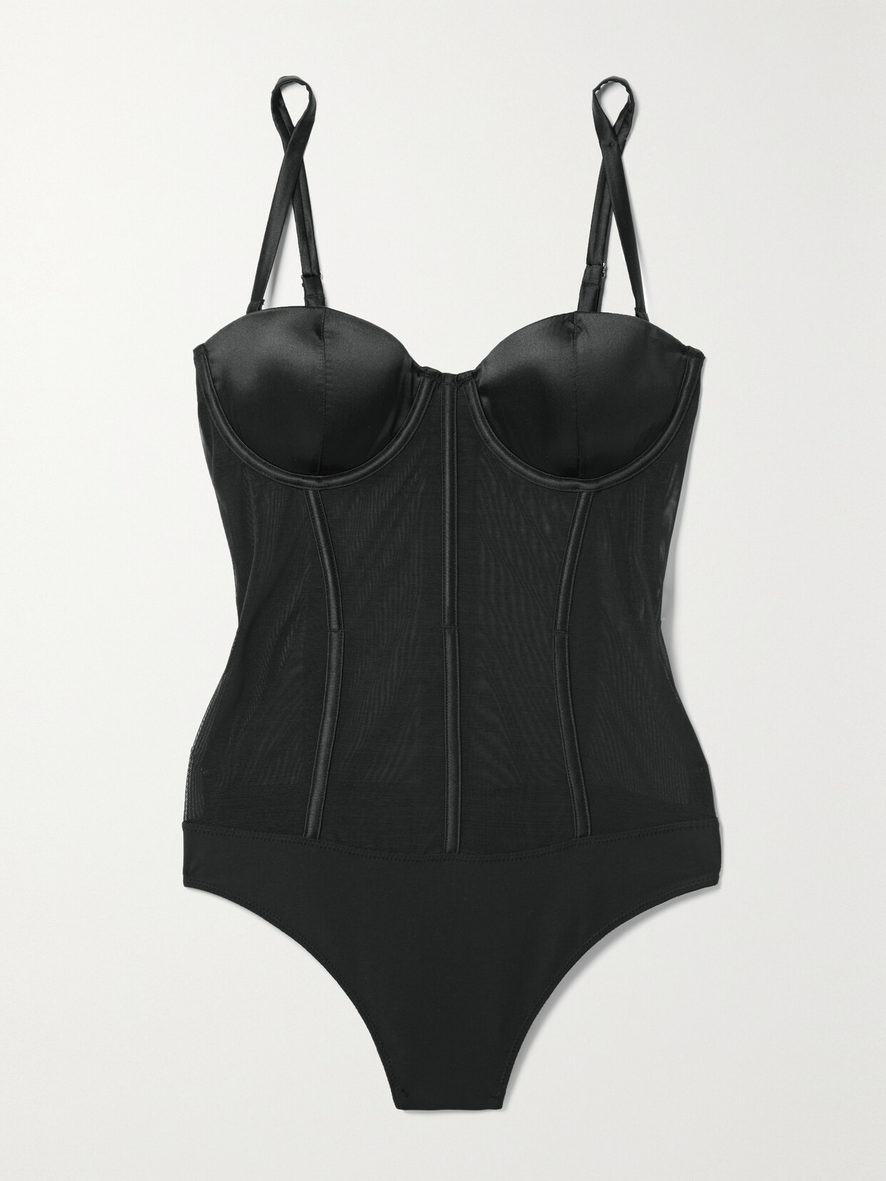 Shop Fleur Du Mal + Net Sustain Underwired Recycled-mesh And Stretch-silk Satin Thong Bodysuit In Black