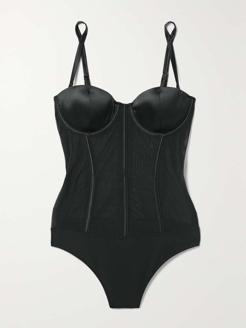 Fleur du Mal + Net Sustain Underwired Recycled-mesh And Stretch-silk Satin Thong Bodysuit