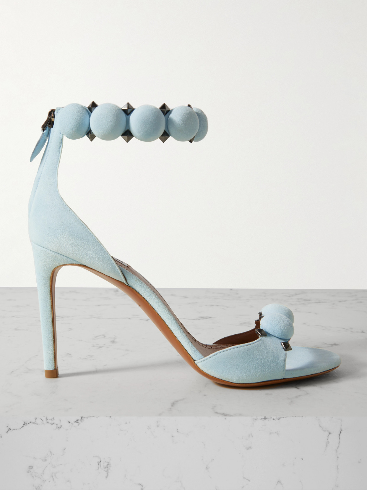 Alaïa La Bombe 90 Embellished Studded Suede Sandals In Blue