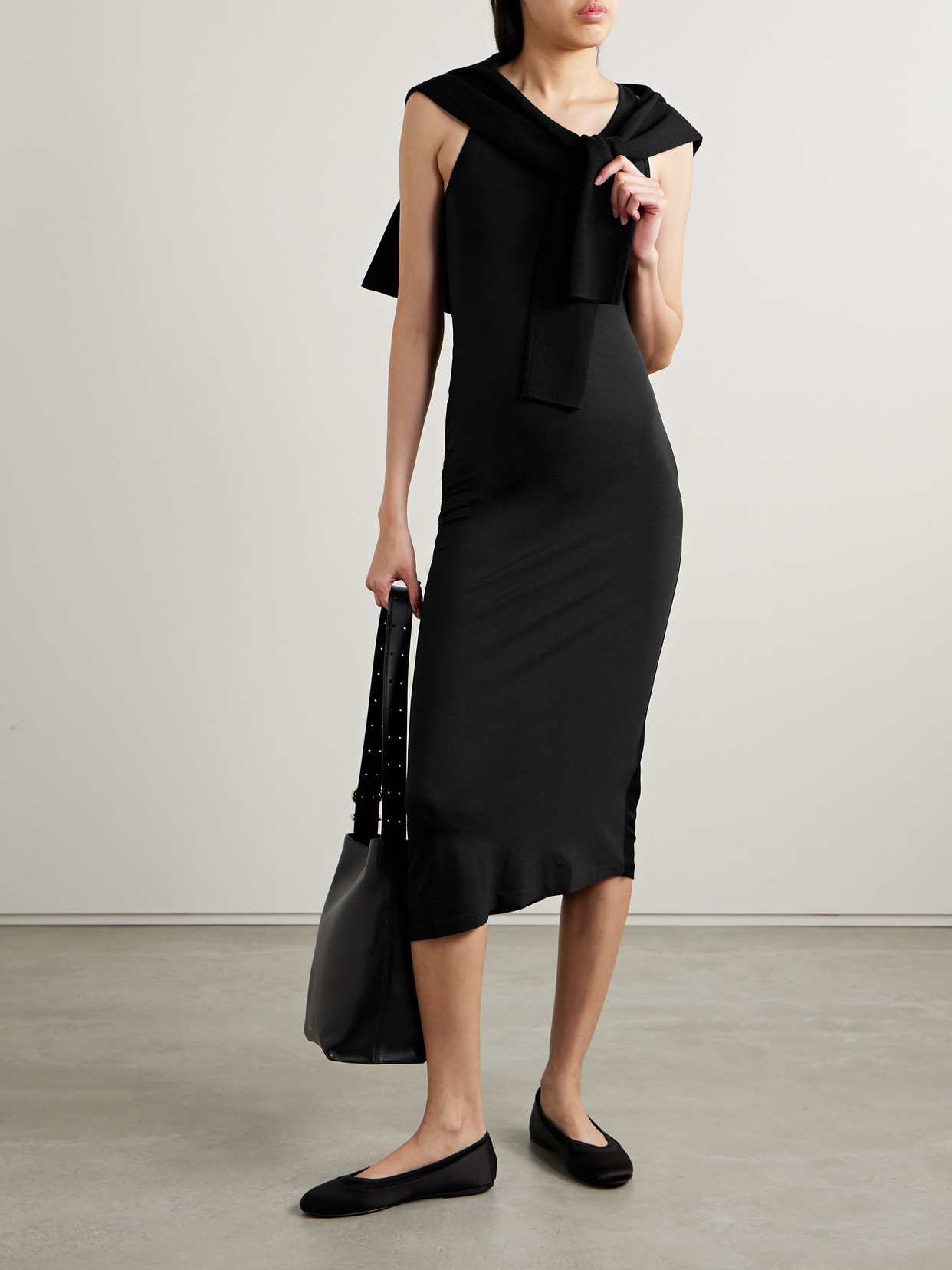 Shop Fforme Reva Stretch-silk Midi Dress In Black