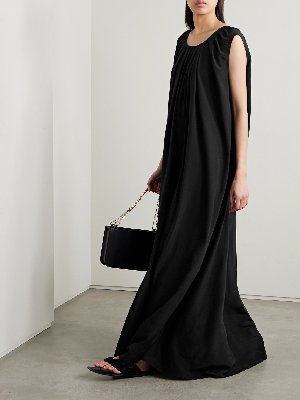 Fforme Moon Pleated Silk Crepe De Chine Maxi Dress In Black