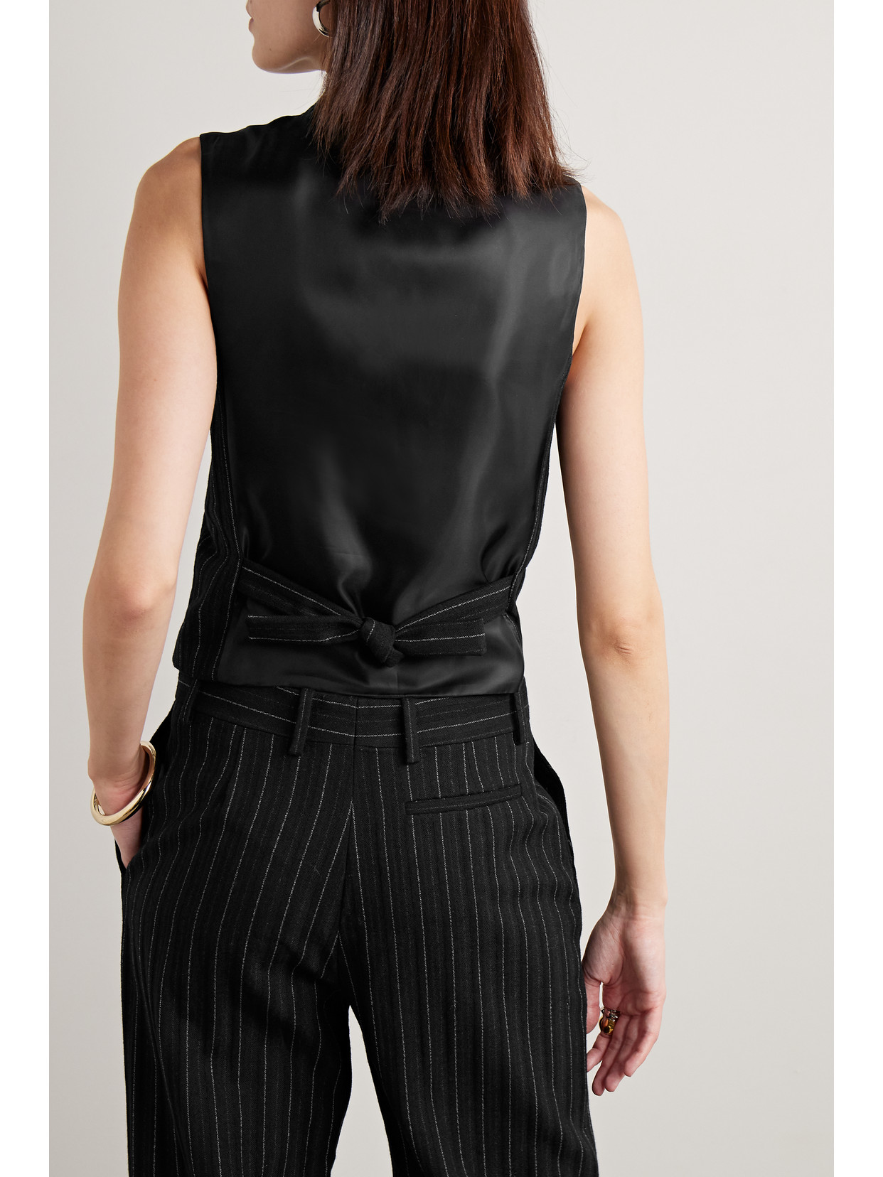 Shop Veronica De Piante Lyla Embellished Twill-trimmed Pinstriped Wool Vest In Black