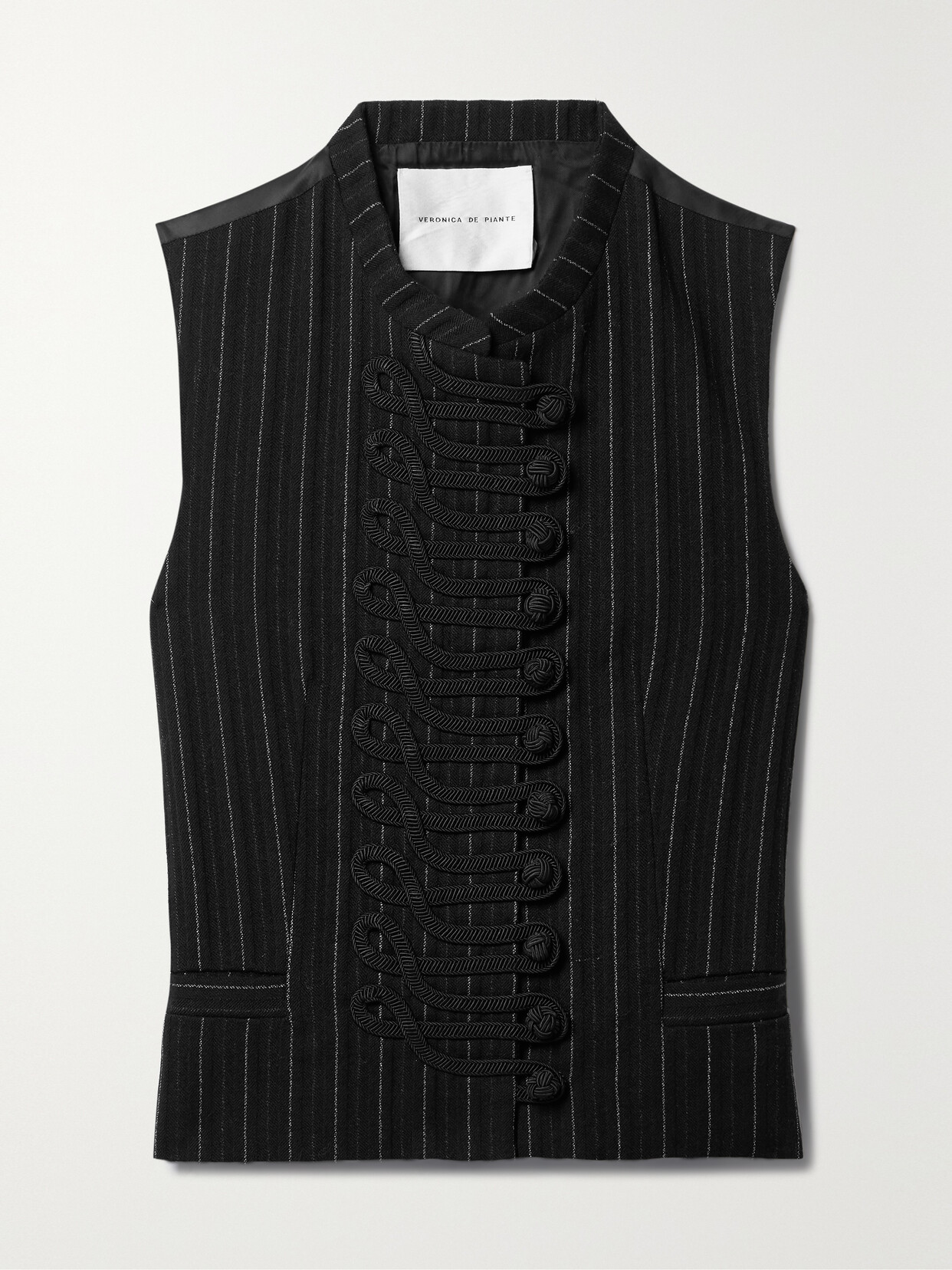 Veronica de Piante - Lyla Embellished Twill-trimmed Pinstriped Wool Vest - Black