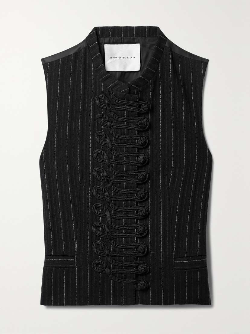 Veronica de Piante Lyla Embellished Twill-trimmed Pinstriped Wool Vest