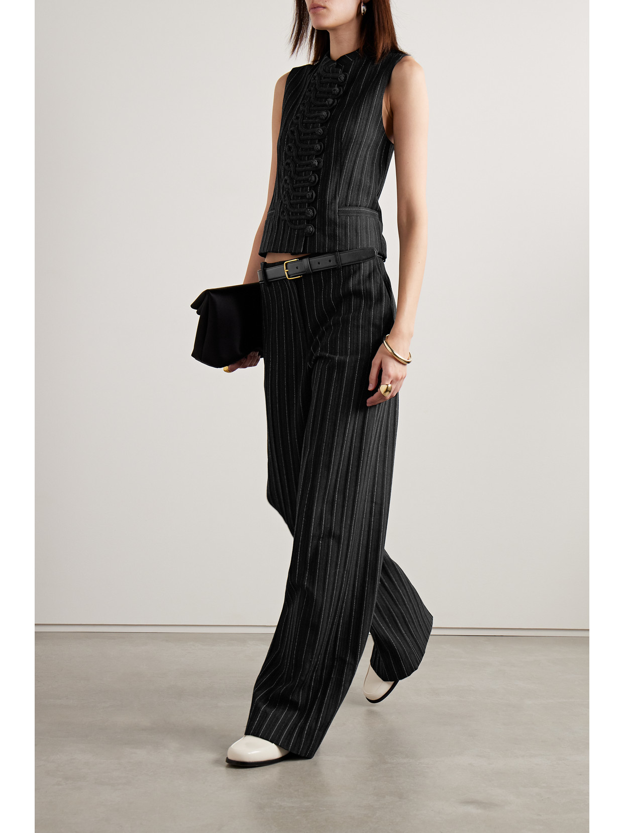 Shop Veronica De Piante Lyla Embellished Twill-trimmed Pinstriped Wool Vest In Black