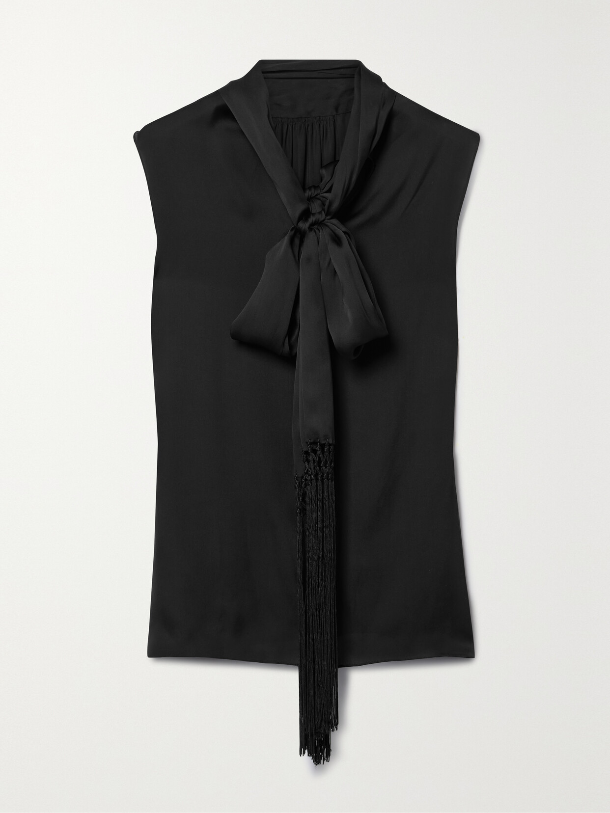 Veronica De Piante Marina Macramé-trimmed Pussy-bow Silk-charmeuse Blouse In Black