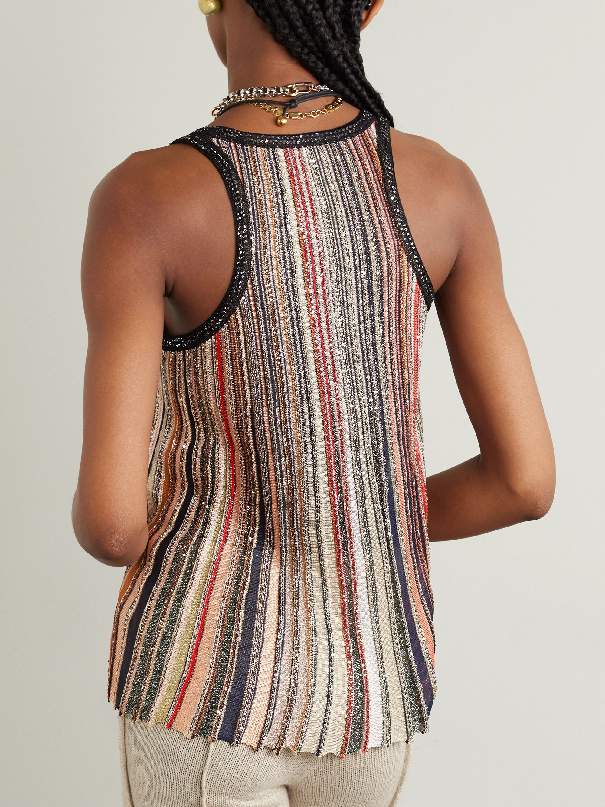 Missoni Sequin-embellished striped metallic crochet-knit tank