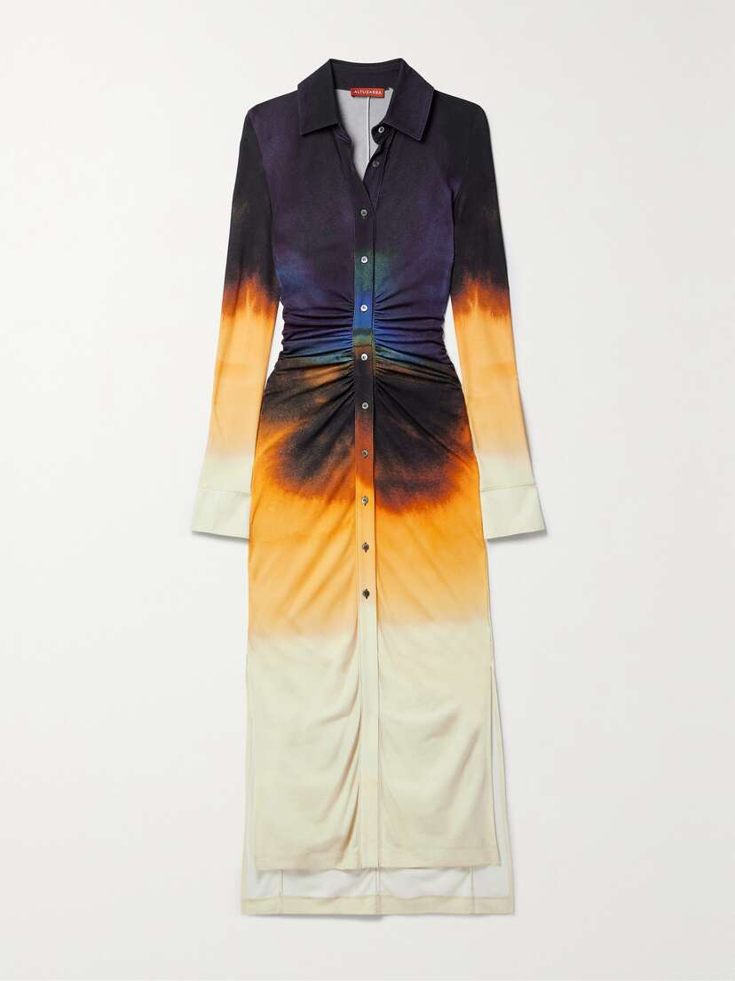 Altuzarra Claudia Ruched Tie-dyed Jersey Maxi Shirt Dress