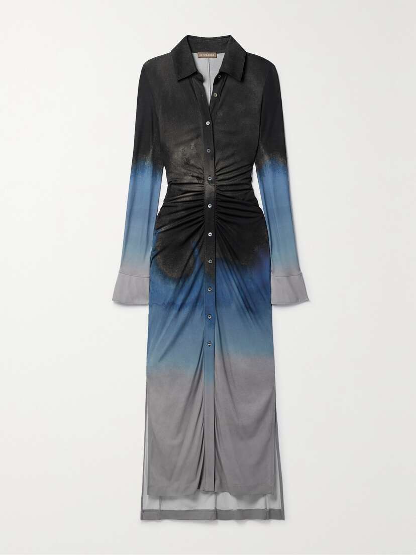 Altuzarra Claudia Ruched Tie-dyed Jersey Maxi Shirt Dress