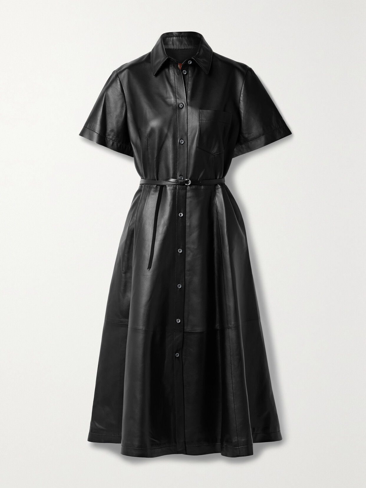 Altuzarra Kiera Belted Paneled Leather Midi Shirt Dress In Black