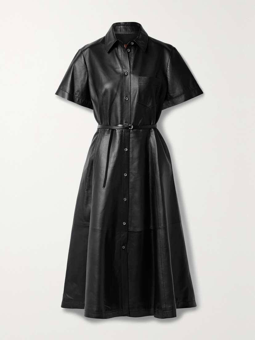 Altuzarra Kiera Belted Paneled Leather Midi Shirt Dress