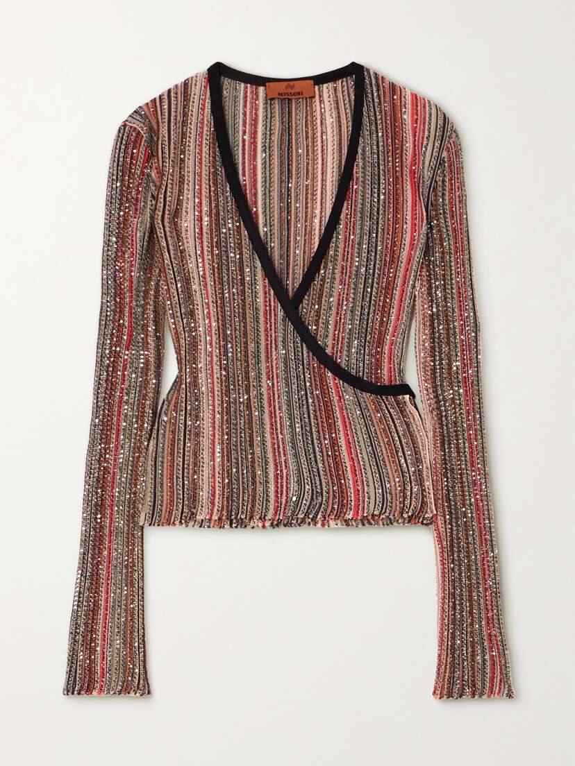 Missoni Sequin-embellished Striped Crochet-knit Wrap Top