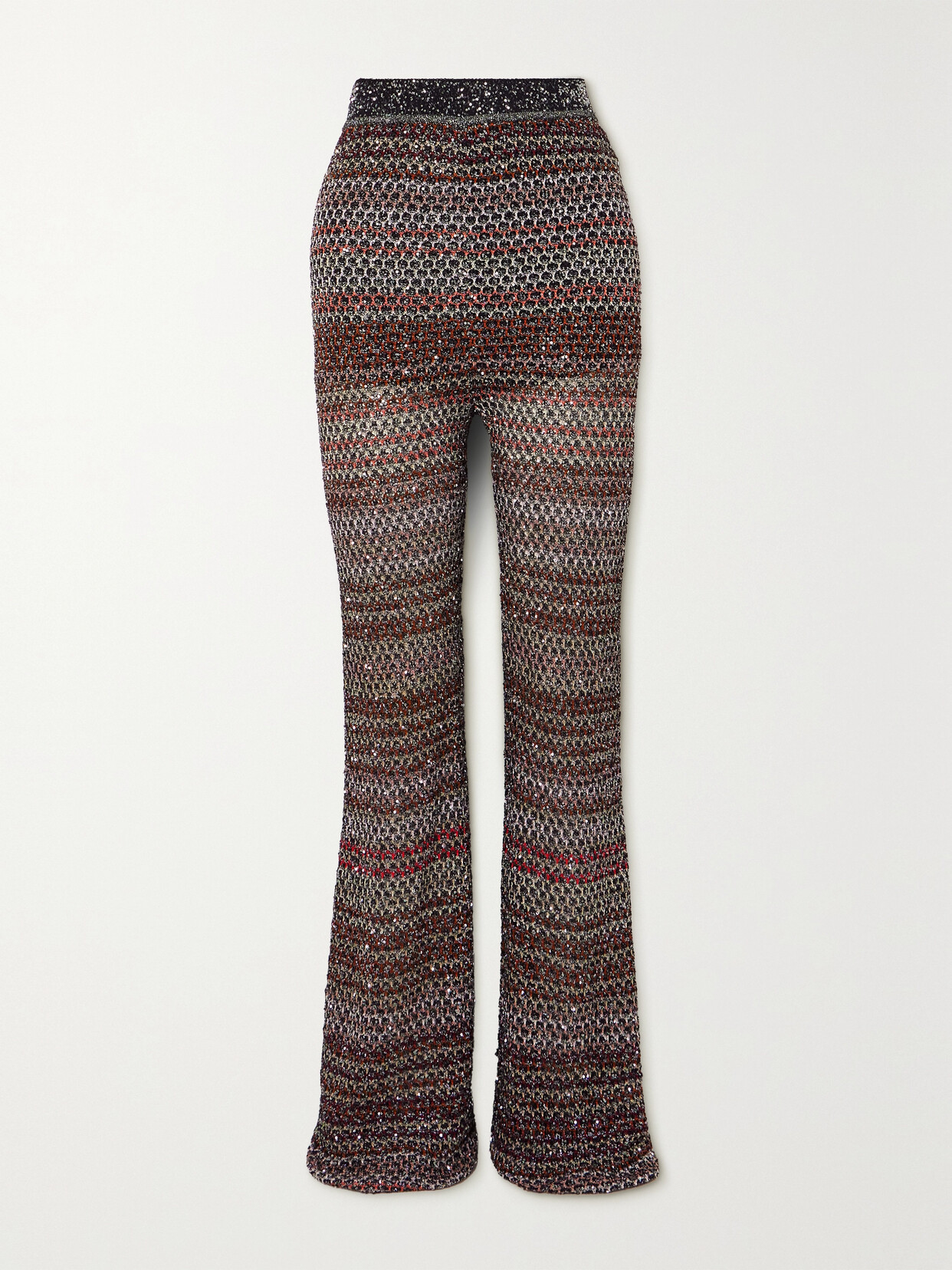 Missoni Sequin-embellished Striped Metallic Crochet-knit Flared Pants In Multi