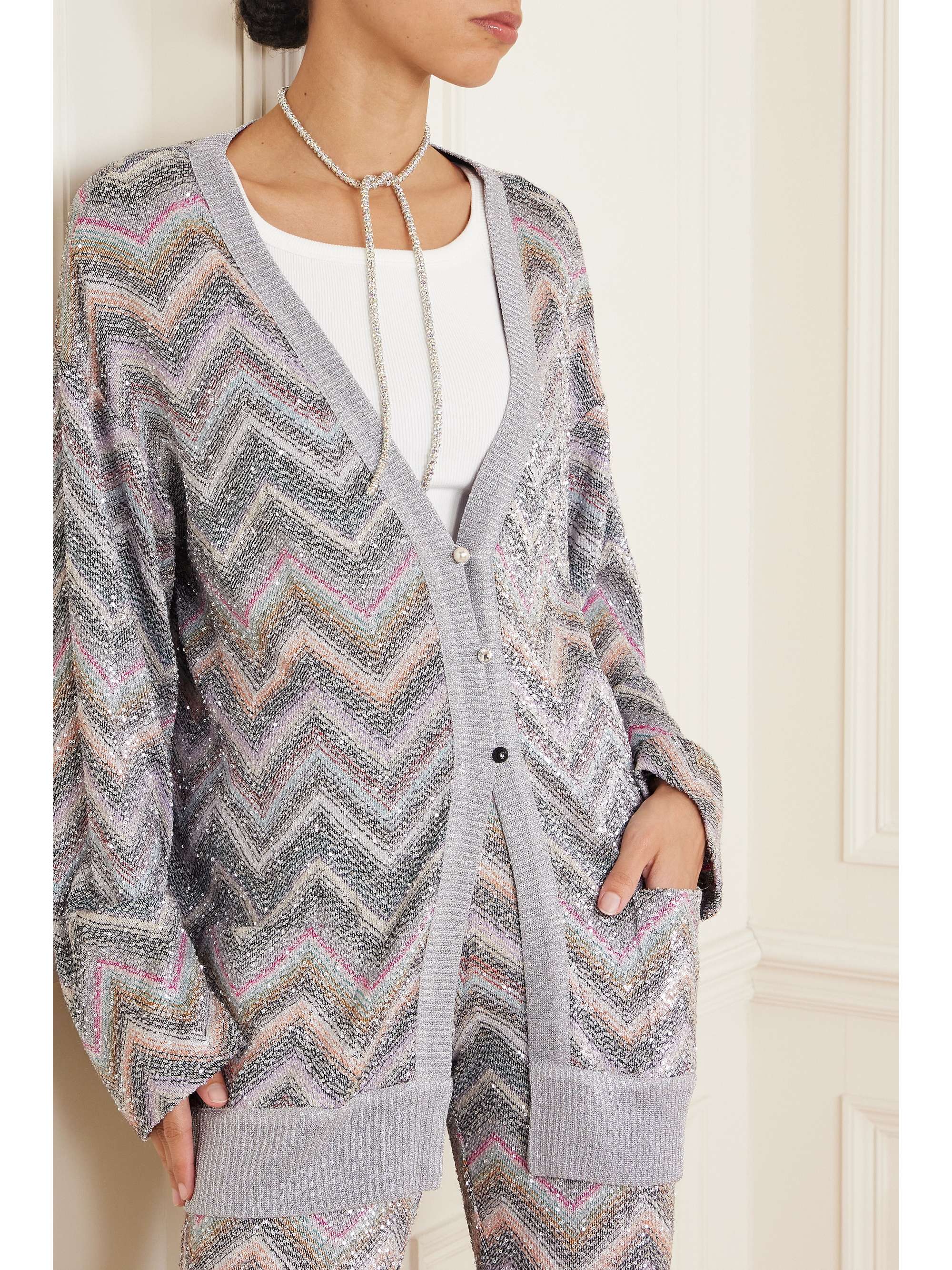 MISSONI Sequin-embellished metallic crochet-knit cardigan MISSONI Sequin-embellished metallic crochet-knit cardigan