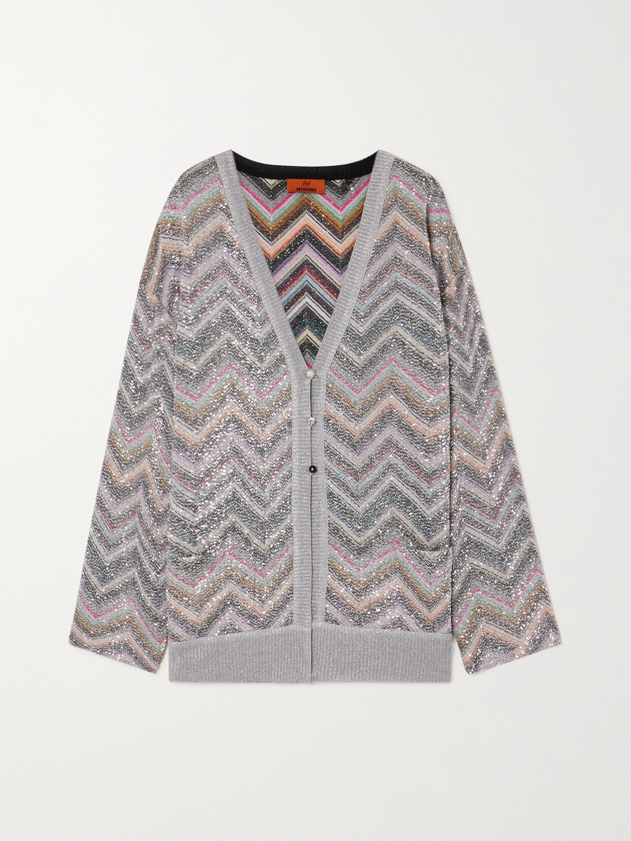 Shop Missoni Sequin-embellished Metallic Crochet-knit Cardigan In Gray