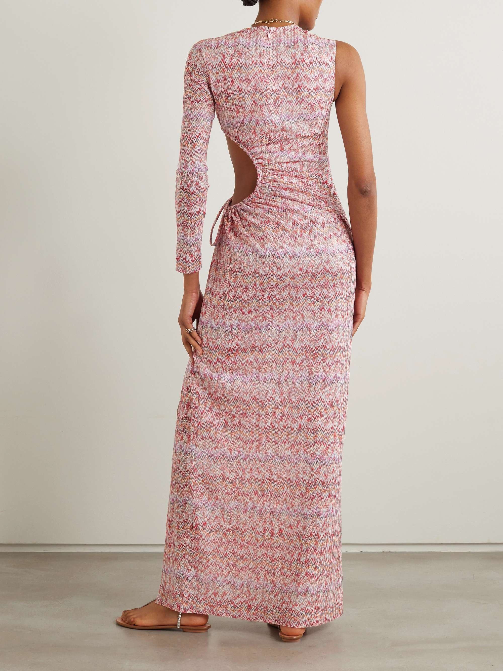 MISSONI One-sleeve cutout metallic crochet-knit maxi dress
