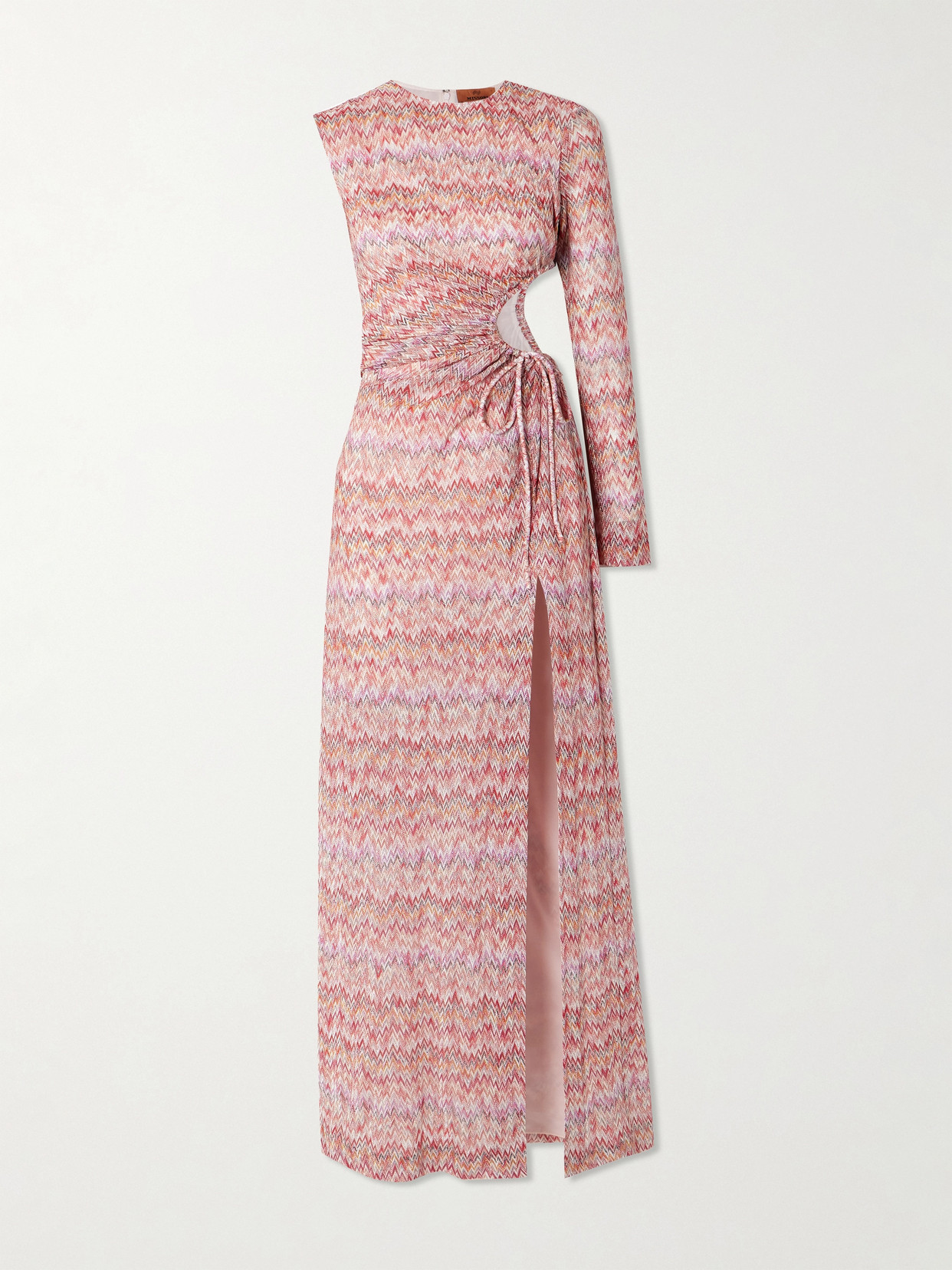 Missoni One-sleeve Cutout Metallic Crochet-knit Maxi Dress In Pink