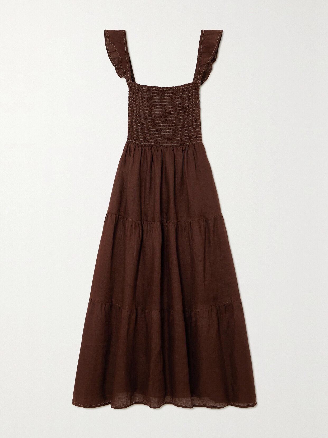 Faithfull The Brand + Net Sustain Benito Smocked Tiered Linen Midi Dress In Brown