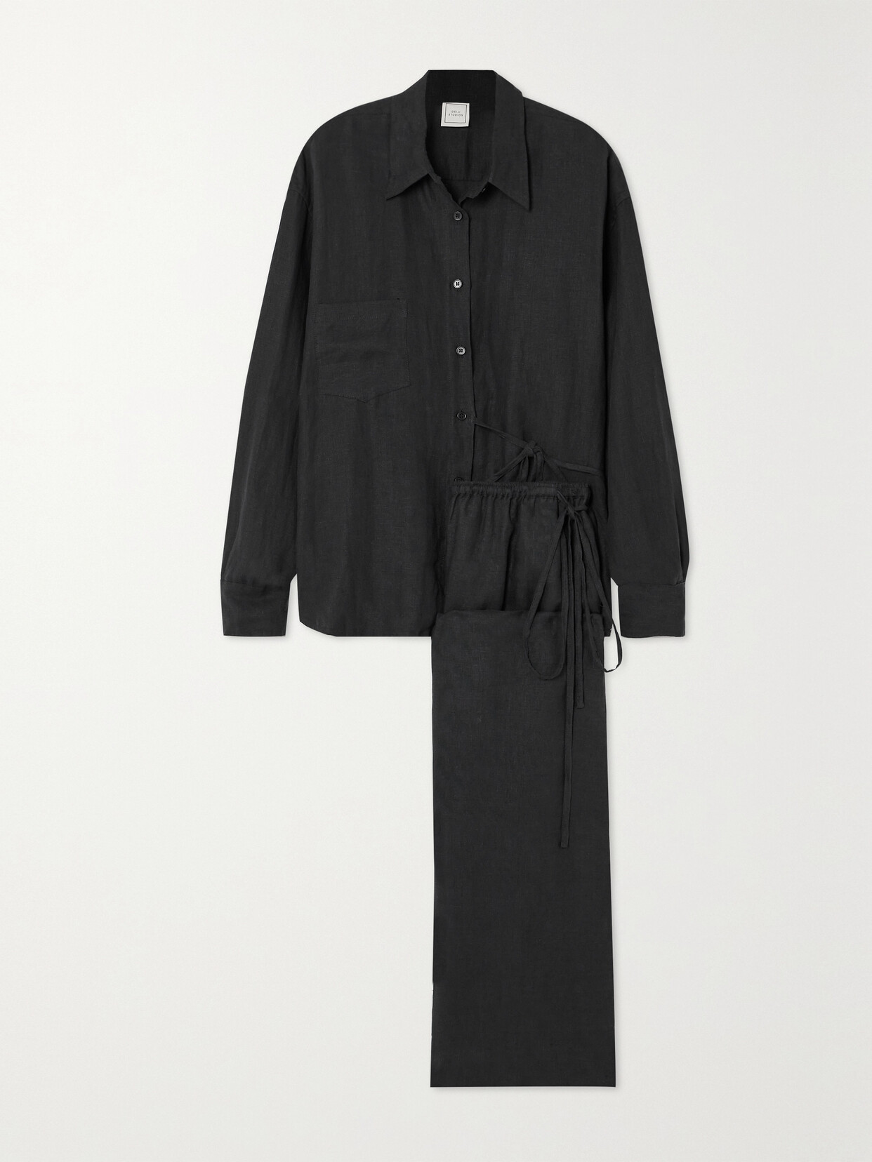 Deiji Studios Off-centre Tie Linen Shirt And Pants Set In Black