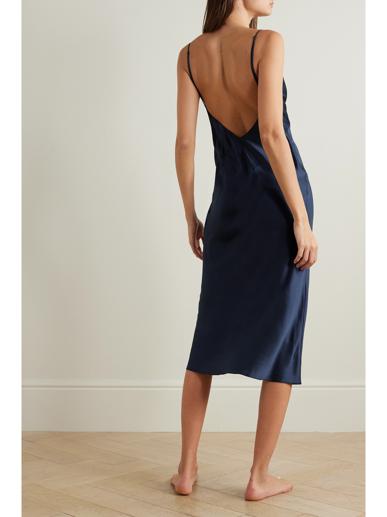 Olivia Von Halle Issa Navy Slip Dress In Silk Satin In Navy Blue