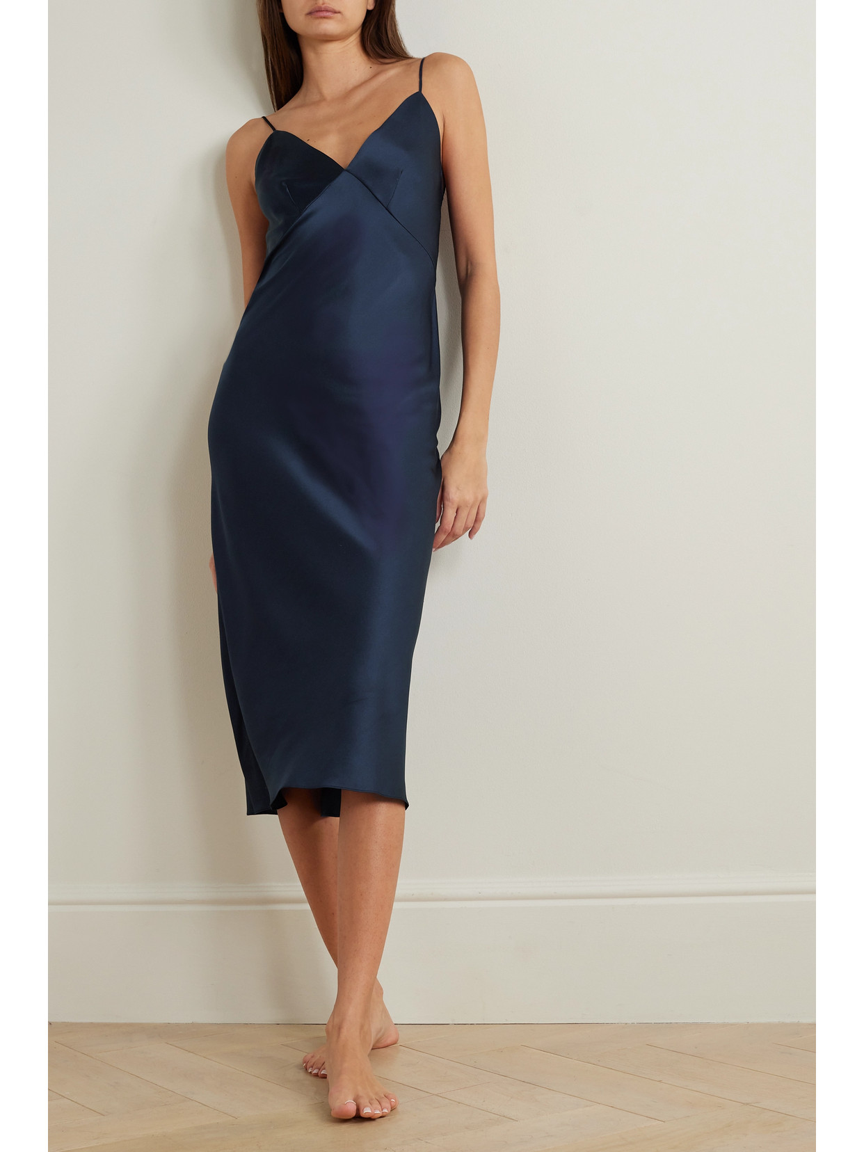 Olivia Von Halle Issa Navy Slip Dress In Silk Satin In Navy Blue