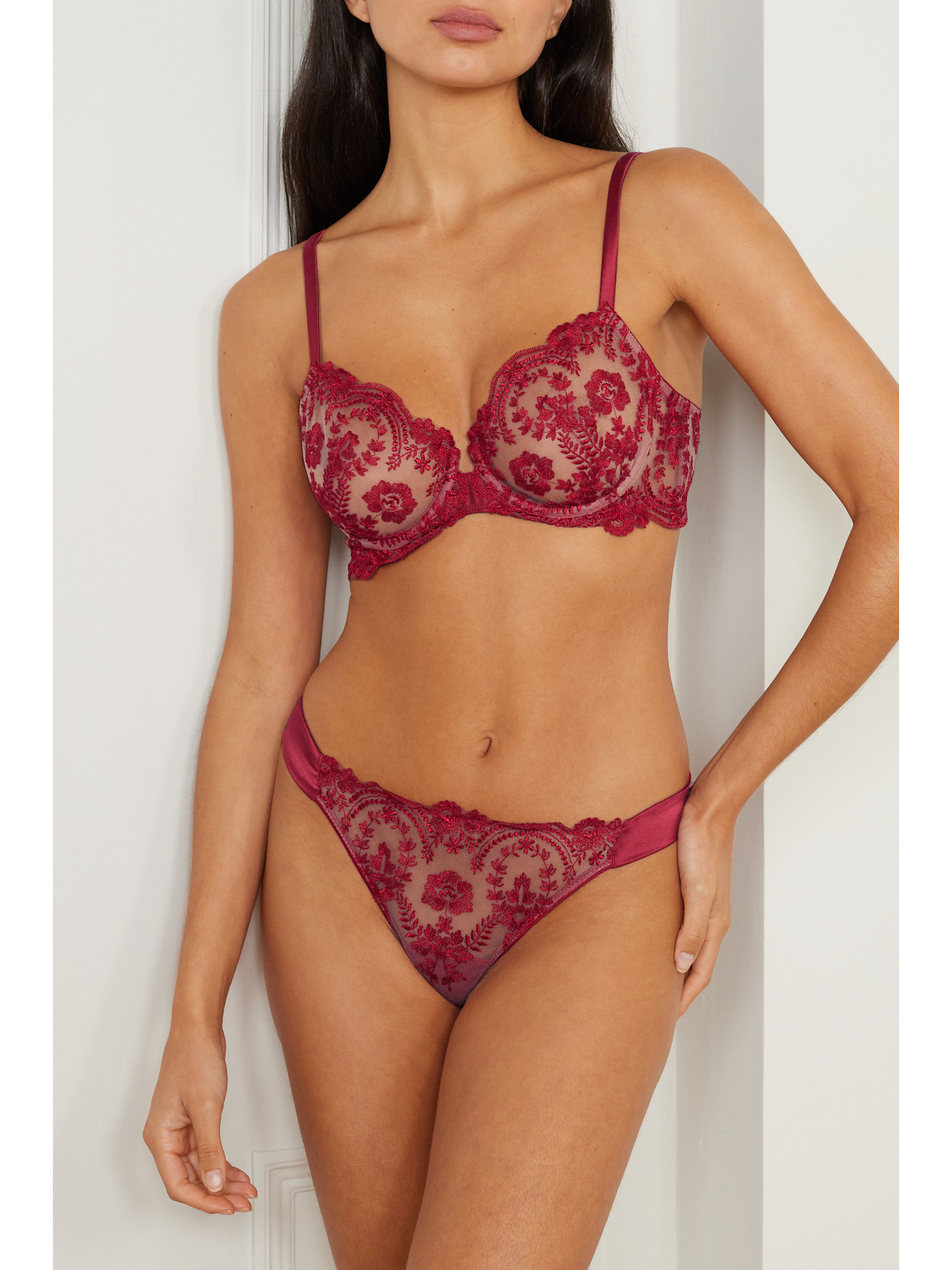 Shop Id Sarrieri + Net Sustain Tuscan Holiday Satin-trimmed Embroidered Tulle Underwired Bra In Red